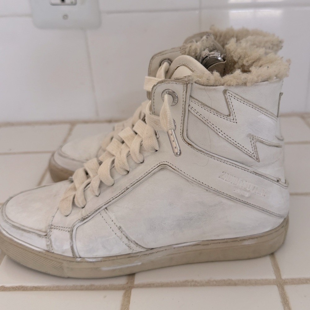 Zadig & Voltaire Flash Shearling High Top Sneakers White Leather Women Size 36 - Picture 2 of 7